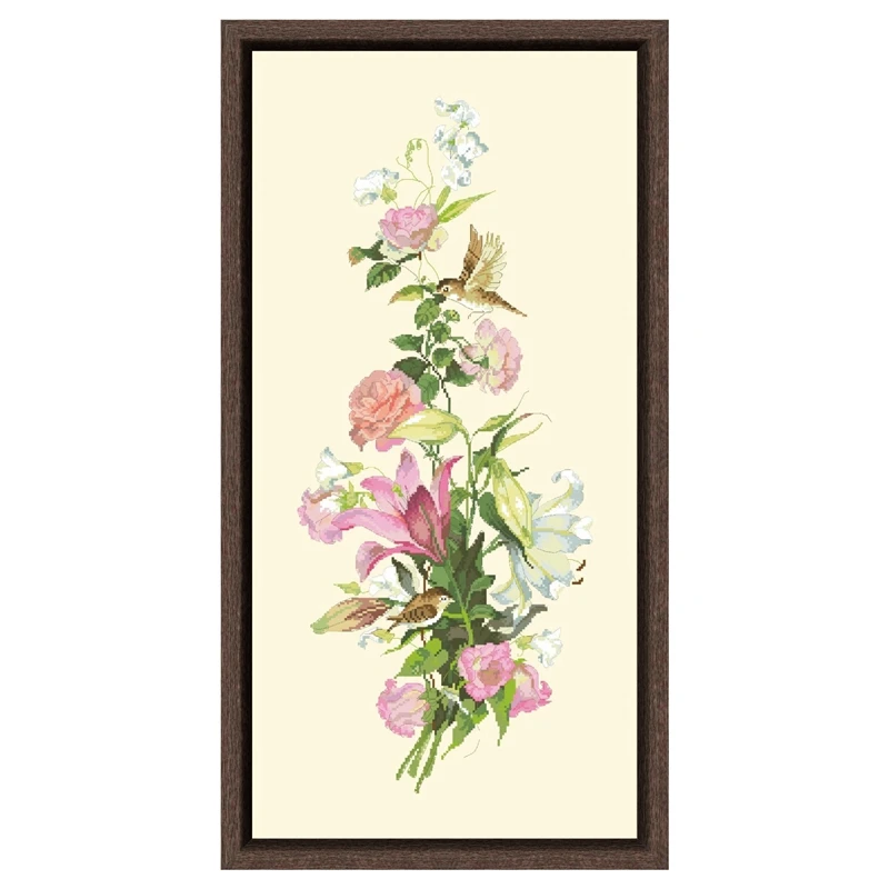 Tit with rose lily cross stitch package flower 18ct 14ct 11ct light yellow cotton thread embroidery DIY handmade needlework