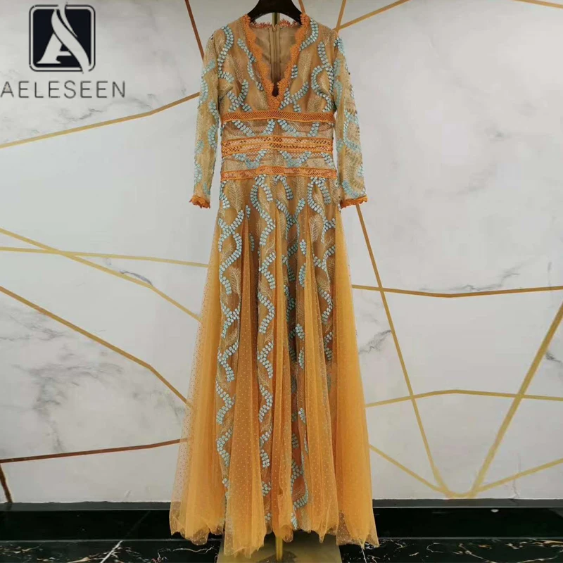 Женское платье с блестками AELESEEN желтое цветочной вышивкой и v образным вырезом
