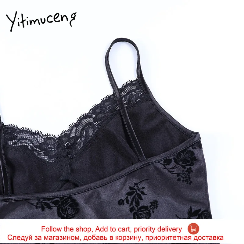 

Yitimuceng Print Dress Partty Pencil Black Summer 2021 Spaghetti Strap Short Lady Dresses Sleeveless Pullover Fashion Lace Sexy