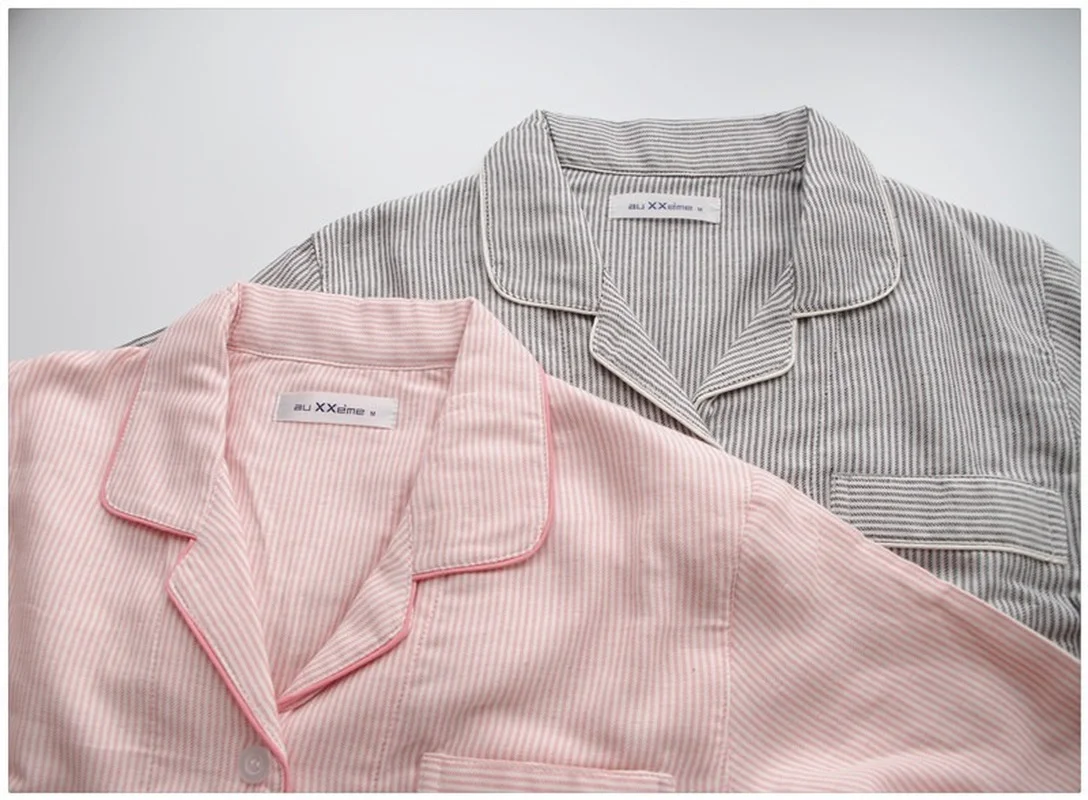 QWEEK Cotton Pajamas Women Striped Couple Sleepwear Autumn Pijamas Female Winter Brief Bedroom Set Pyjamas Long Sleeve Nightwear