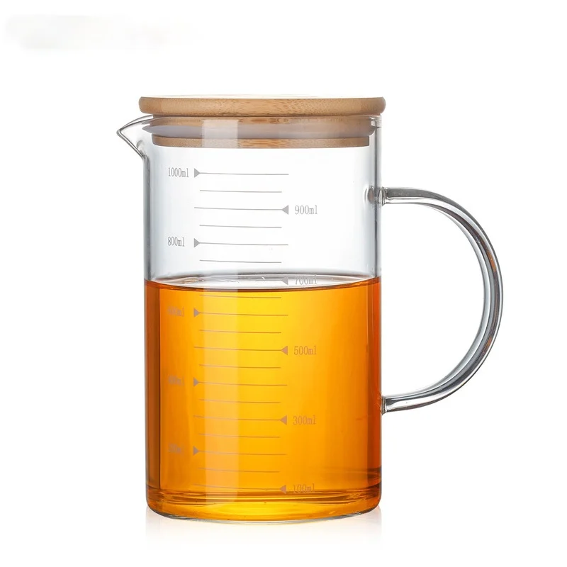 

High Quality Glass Measuring Heat Resistant Borosilicate Teapots Fruit Scale Cup Water Bottle with Bamboo Cover 350/500/1000ml