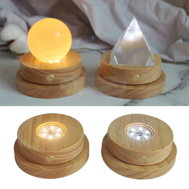 

LED Luminous Rotating Base Lights Crystal Glass Transparent Objects Display Round Wooden Stands Bases for Bar Supplies