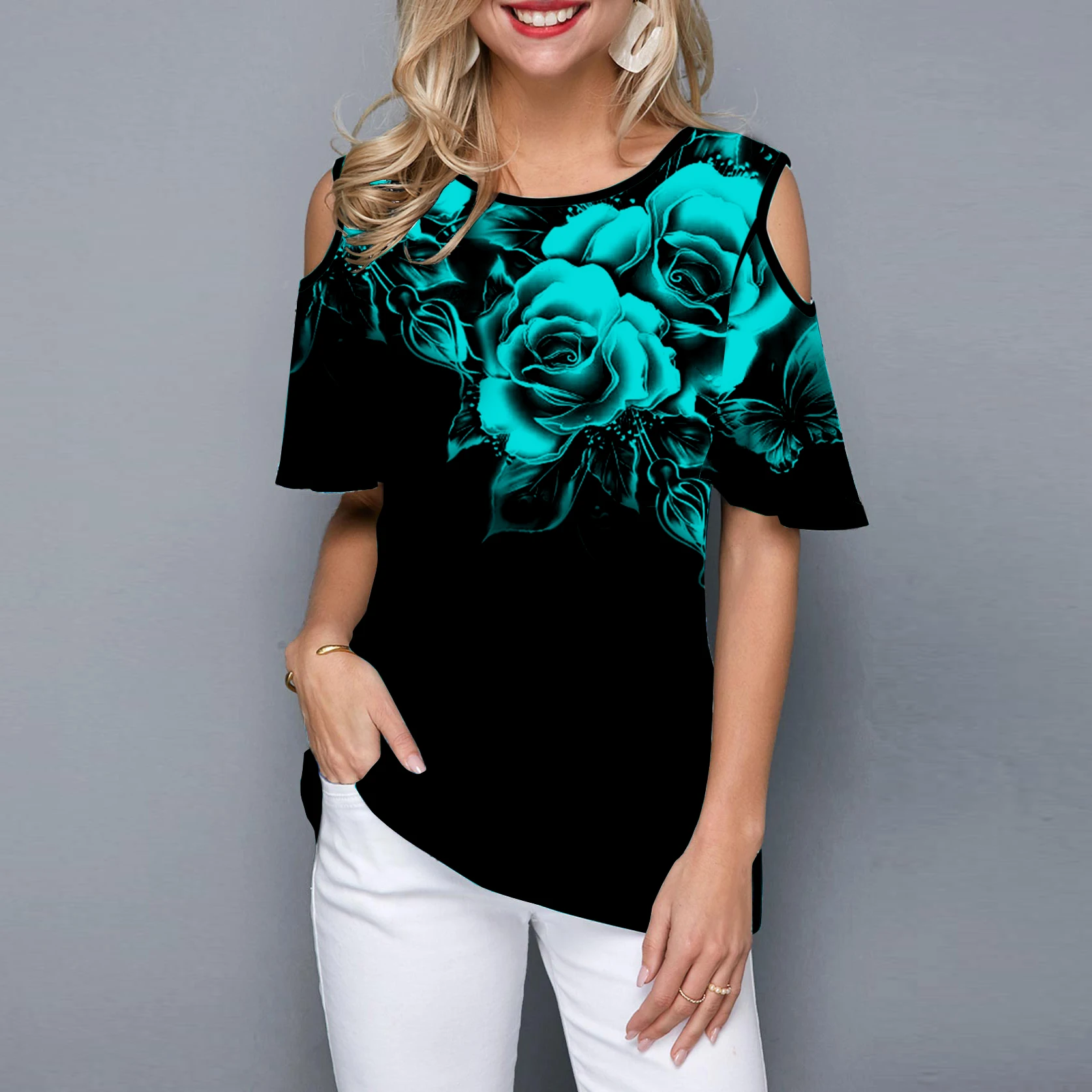 Pattern 12 Женская летняя футболка, 20 стилей, круглый вырез, короткий рукав, цветочный рисунок, в полоску, модная женская футболка - Цвет: Pattern 12