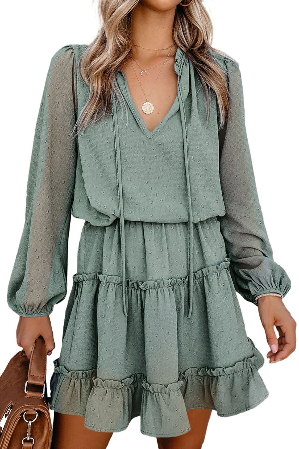 

Green Swiss Dot Bubble Sleeve Ruffle Mini Dress Women Sexy Spilt V Neck Sheer Bubble Sleeves A Line Summer Autumn Beach Dresses