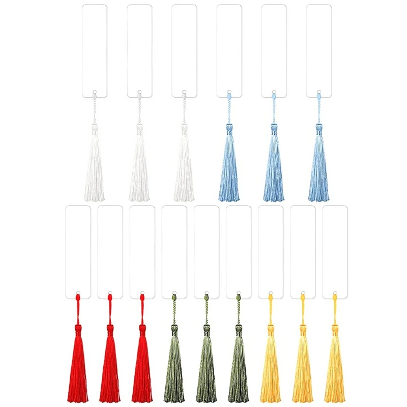 

15Pieces Transparent Acrylic Bookmarks DIY Unfinished Book Ornament Rectangle w/ Multi-Color Tassel Lanyard for Students