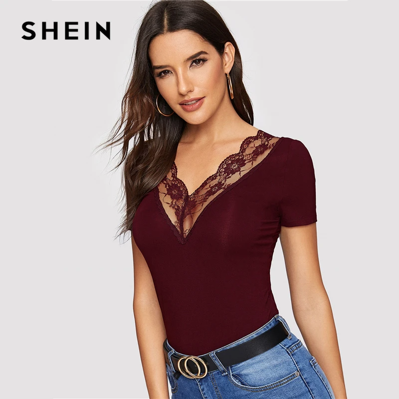 SHEIN, Сексуальная футболка с двойным v-образным вырезом и вырезом на спине, облегающая футболка с кружевной отделкой, женская летняя тонкая футболка с коротким рукавом