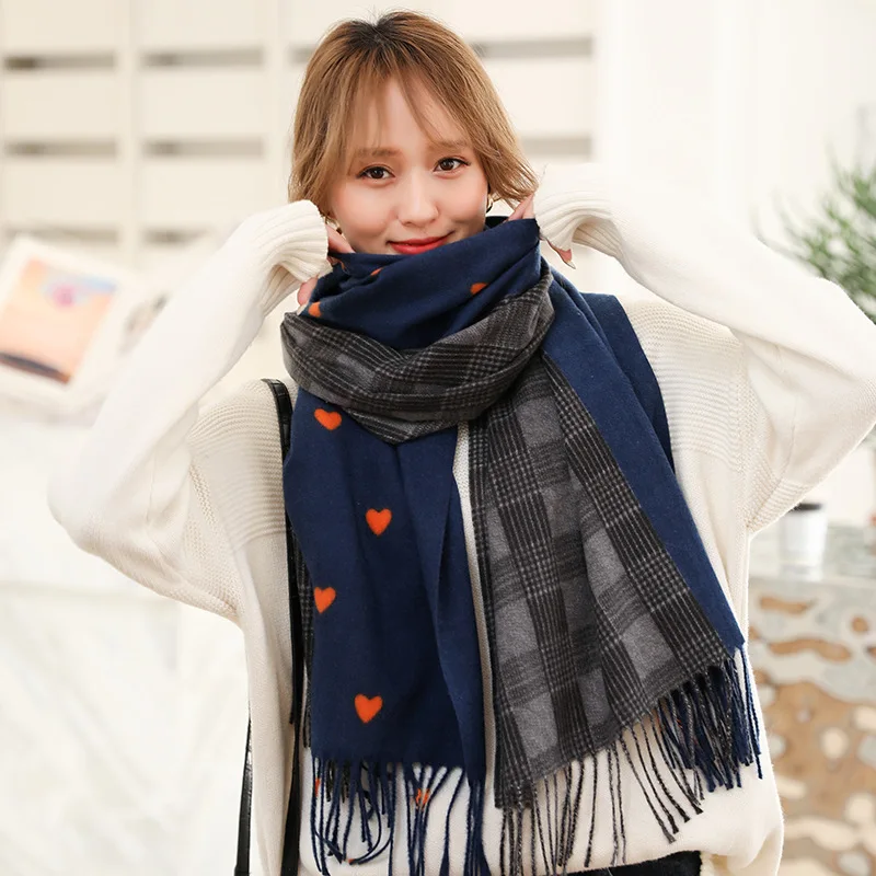 

Autumn and winter 2019 new cashmere like women's scarf version AB splicing peach heart tassel shawl fashion korean couple scarf