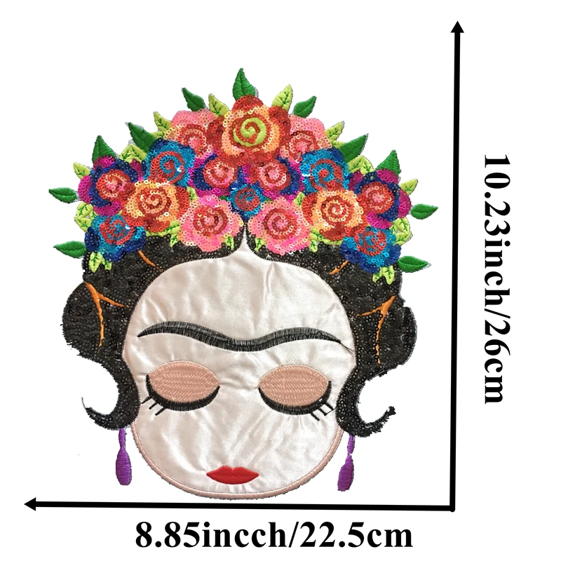 DZ New Arrival Frieda Artist Girl Sequined Iron on Patches for Clothes Floral Women Sequin Patches and Appliques DIY Decal
