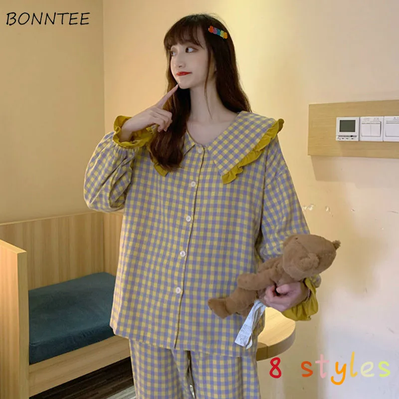 

Pajama Sets Women Outfits Pjs Ladies Kawaii BF College Design Lovely Breathable 2 Pieces Set Lounge Nighty Homewear Soft Sweet