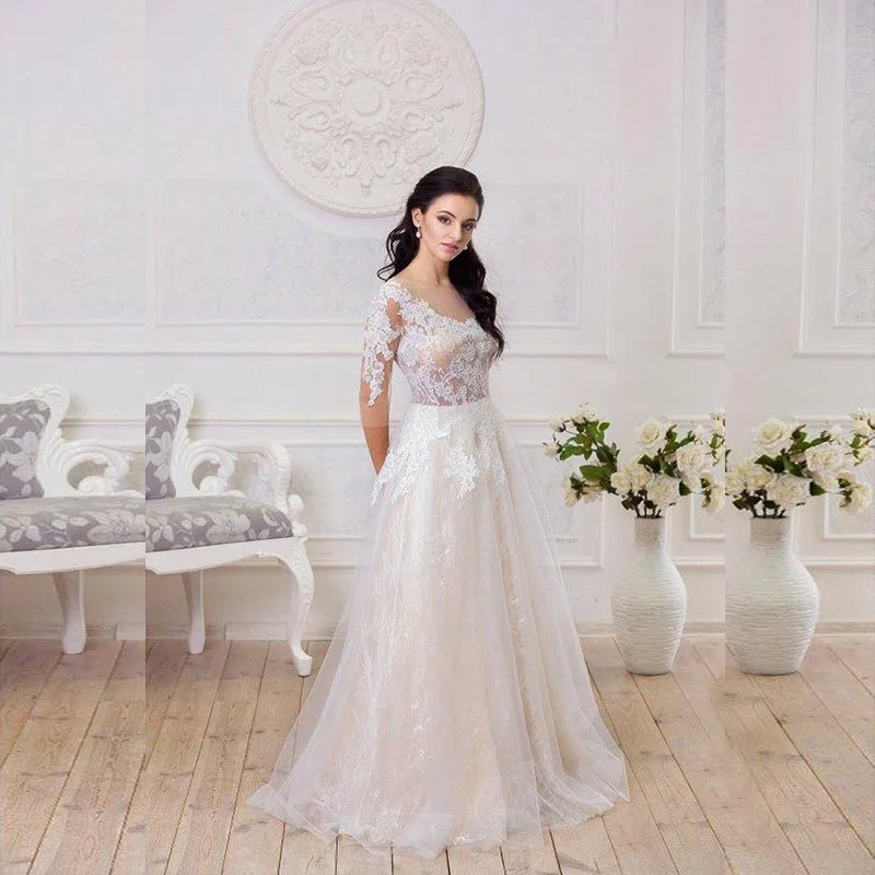 

Gorgeous Middle East A Line Lace Bridal Wedding Dresses Illusion Jewel Neck with 3/4 Sleeves Wedding Gowns for Bride Appliqued
