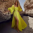 Smileven, Желтые Выпускные платья с пышными рукавами, вышитое бисером, сексуальное вечернее платье с разрезом сбоку