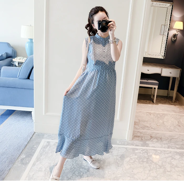 Новое платье без рукавов в горошек длинное летнее Одежда для беременных Платья