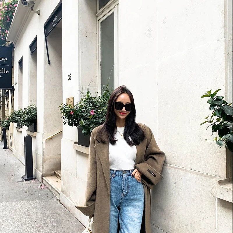 

Женский двухсторонний твидовый халат с воротником-стойкой, свободный шерстяной пиджак с длинным рукавом, пришивной банный халат на осень и ...