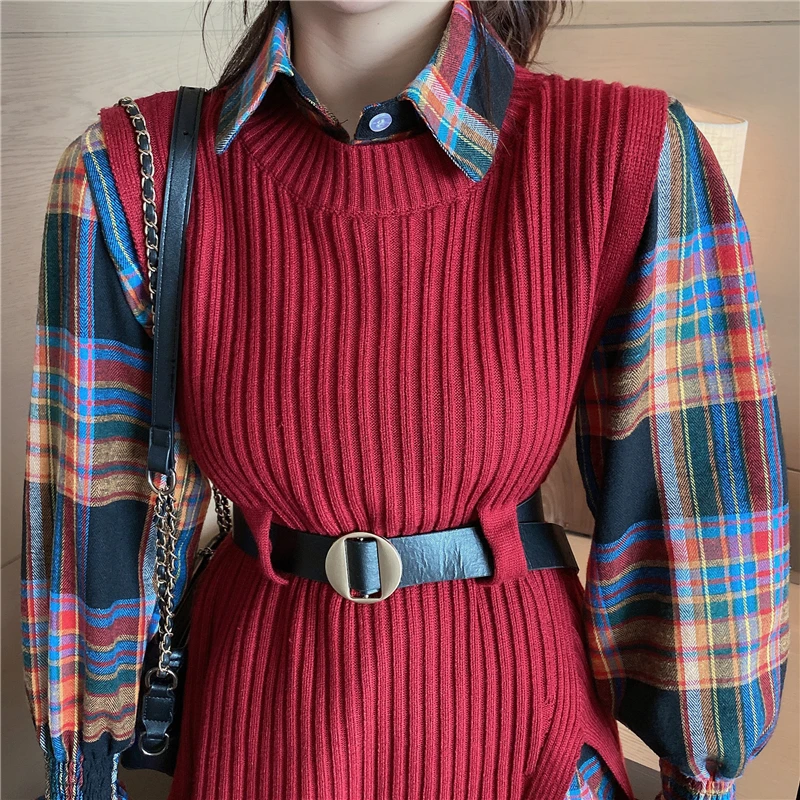 

Autumn Winter Sweater Vest Women Set Korean Style Sweet Plaid Blouse Shirt + Belted Slim High Waist Slit Knit Vest Two Piece Set
