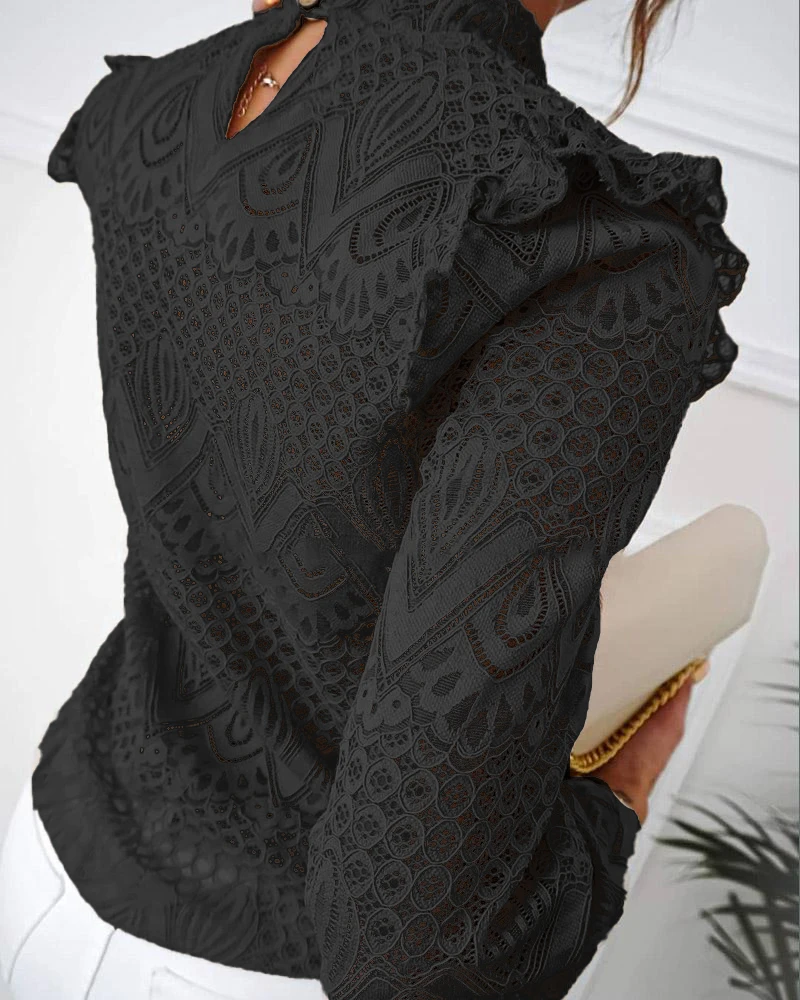 

Women Solid Lace Frill Hem Hollow Out Long Sleeve Blouse Top High Neck OL Chic Elegant Top Shirt