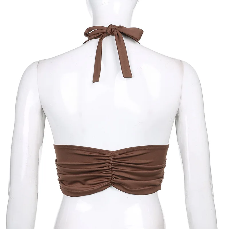 

Solid V Neck Women Crop Top Halter Neck Backless Bandage Summer 2021 Sexy Y2K Sleeveless Drawstring Tank Tops Casual