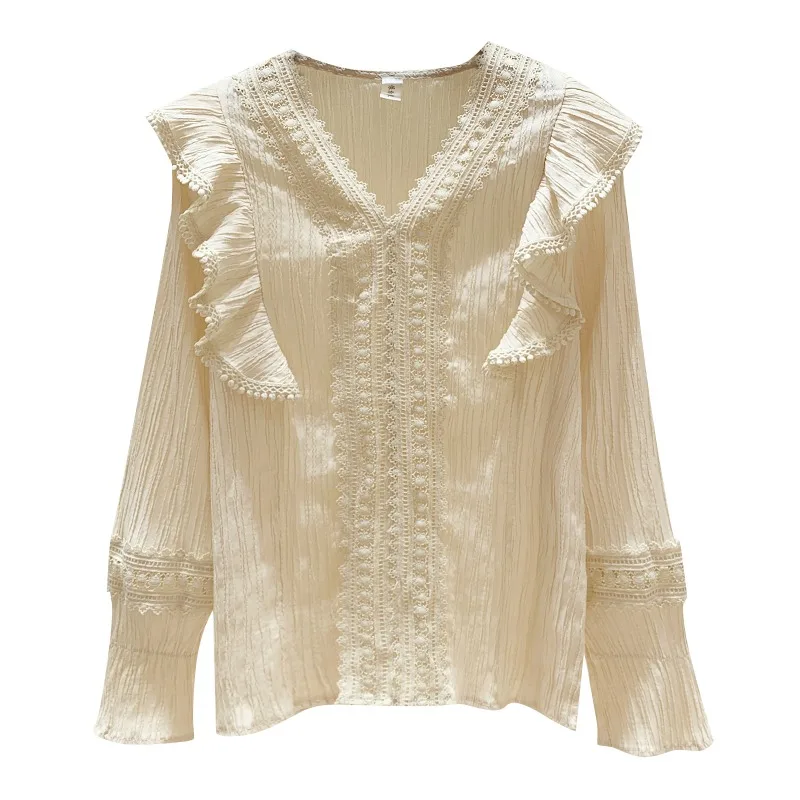 

Plus Size Women's 2020 Autumn New Style Fat Sister Ruffled Lace Stitching Western Fashion Shirt Top UK368