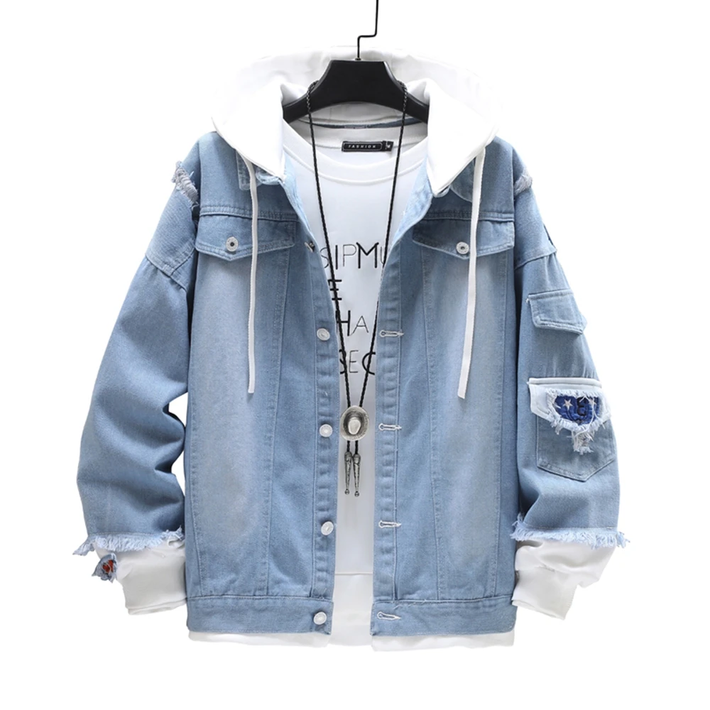 Мужская джинсовая куртка однобортная приталенная с капюшоном весна-осень 2021 |