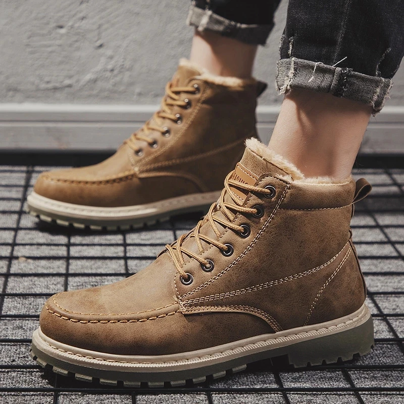 

My-Love Winter Men Shoes Male High Top Plush Cotton Boots Motorcycle Work Shoes Men Pu Leather Ankle Boots Size 44
