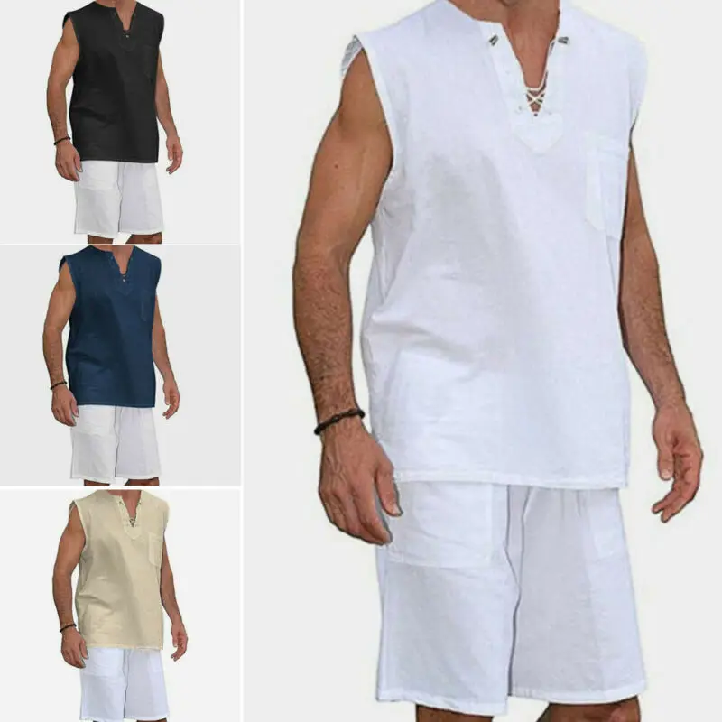 Майка мужская из хлопка и льна модная тенниска без рукавов модный топ в стиле