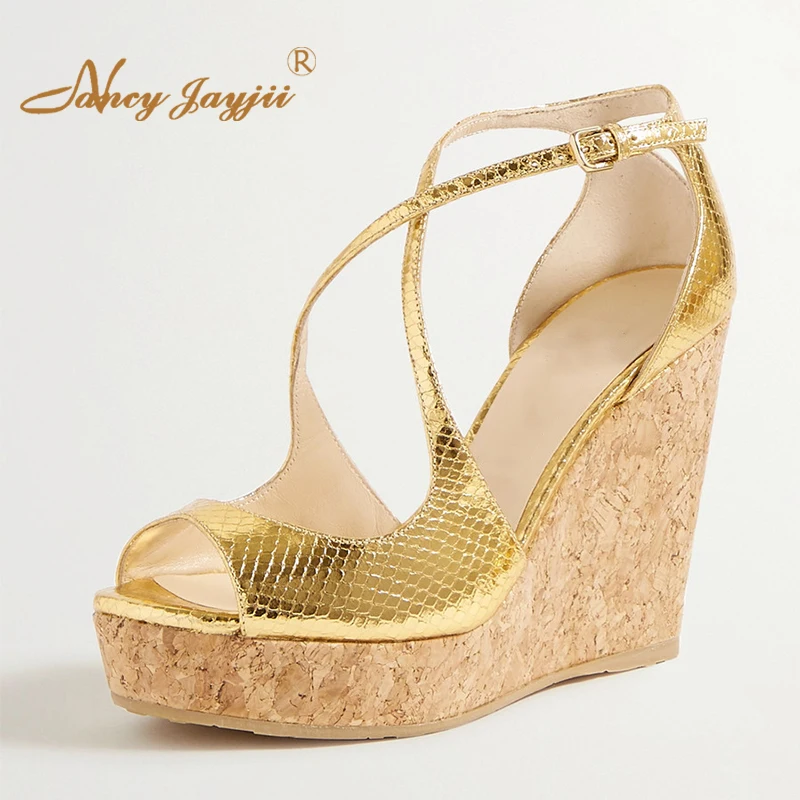

Peep-toe Pumps Golden Fish Scale Wedges Cork Pattern Platform Sandals Leisure Lady Shoes Plus Size 15/16 NANCYJAYJII 2020 Summer