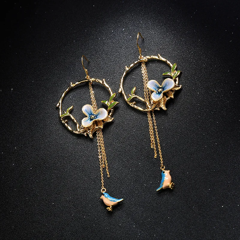 

Elegant Enamel Glaze Flower Bird Earrings Female Temperament European and American Fashion Trendy Personality Long Earrings