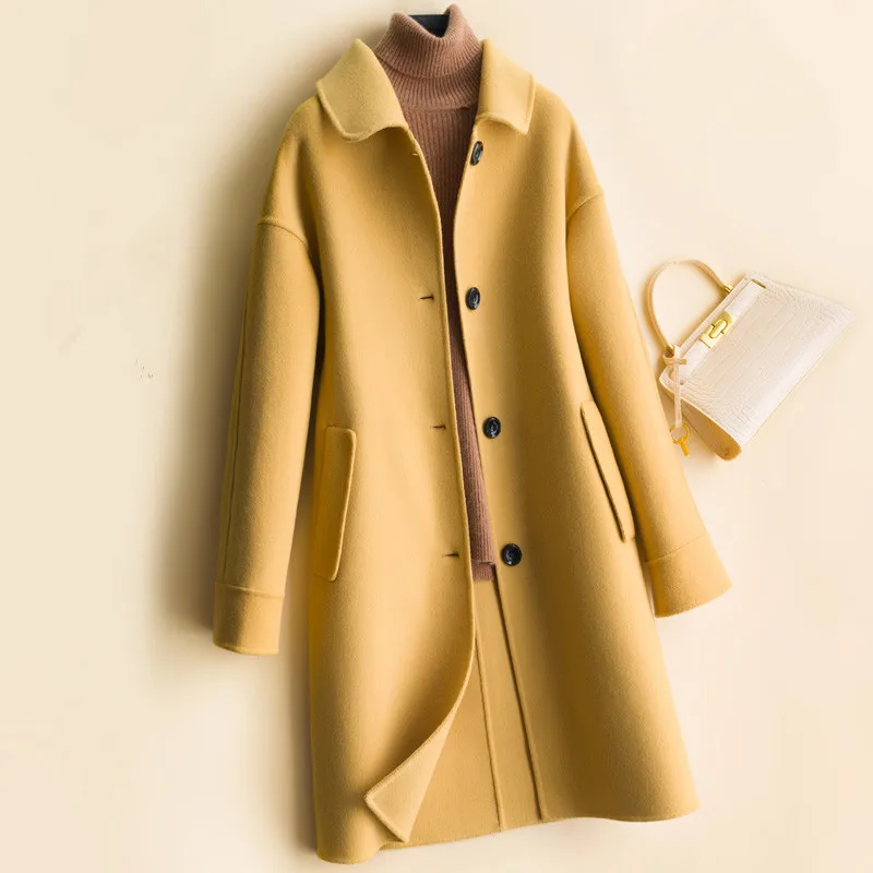 

Autumn Winter Slim Double-Sided Long Sleeve Wool Coat Women Long Overcoat 4 Color Big Pocket Office Lady Woolen Jacket Female