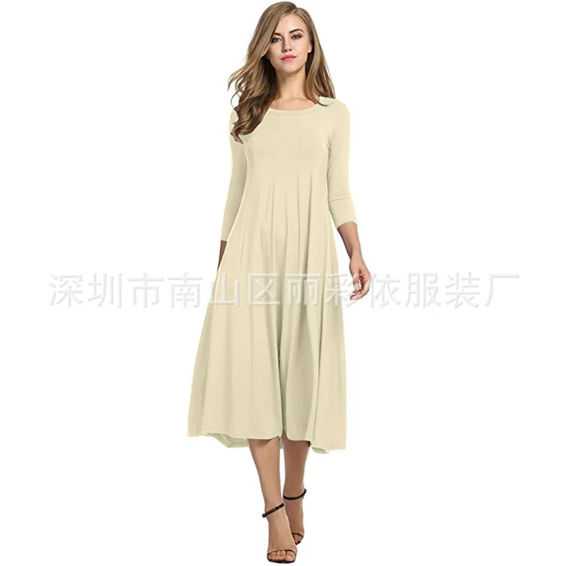 

Autumn new round neck mid sleeve solid dress