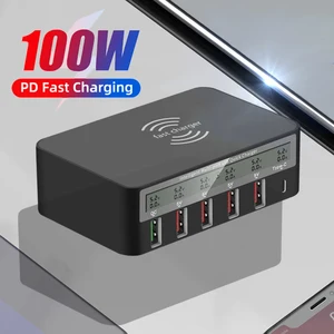 100w fast charging 6 ports hub led quick charge pd qc 3 0 qi wireless charger station for iphone 12 pro max xiaomi 11 huawei p40 free global shipping