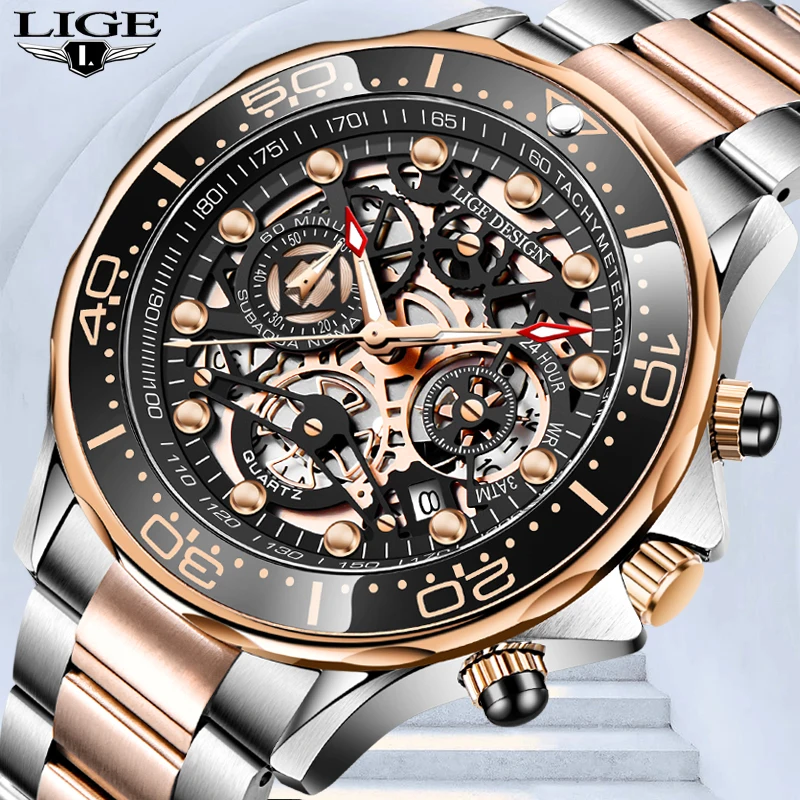 

LIGE 2021 New Casual Sport Chronograph Men's Watches Stainless Steel Band Wristwatch Big Dial Quartz Clock Relogio Masculino+Box