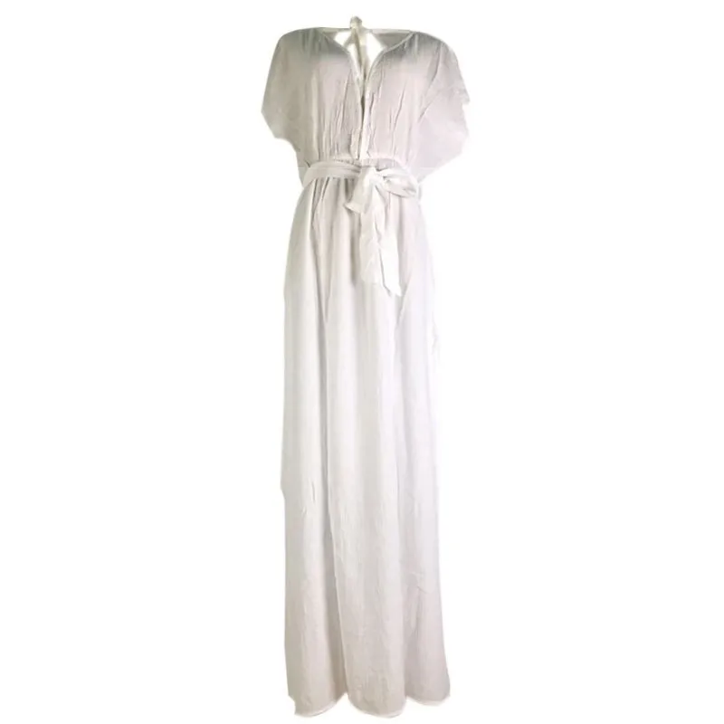 

2021 Summer Sexy Deep V-neck Halter Bikini Cover Up White Plus Size Beach Wear Sunscreen Long Dress Female