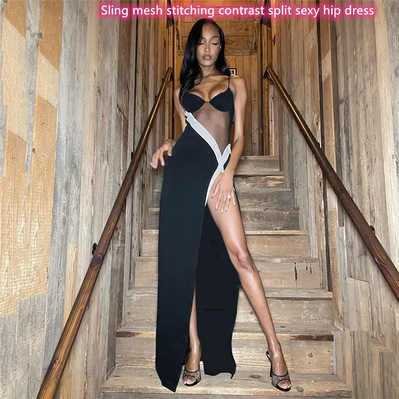 

Новые женские модные подтяжки, сетчатые, с разрезом контрастных цветов, сексуальные сумочки на бедрах, модное вечернее платье для женщин