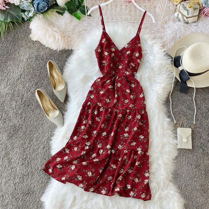 

Летнее платье с цветочным принтом в винтажном пляжном стиле, женские платья с v-образным вырезом и высокой талией 2020, корейская мода, Vestidos Chic