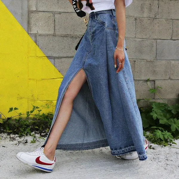 Женская джинсовая юбка до щиколотки винтажная длинная из денима с высокой талией