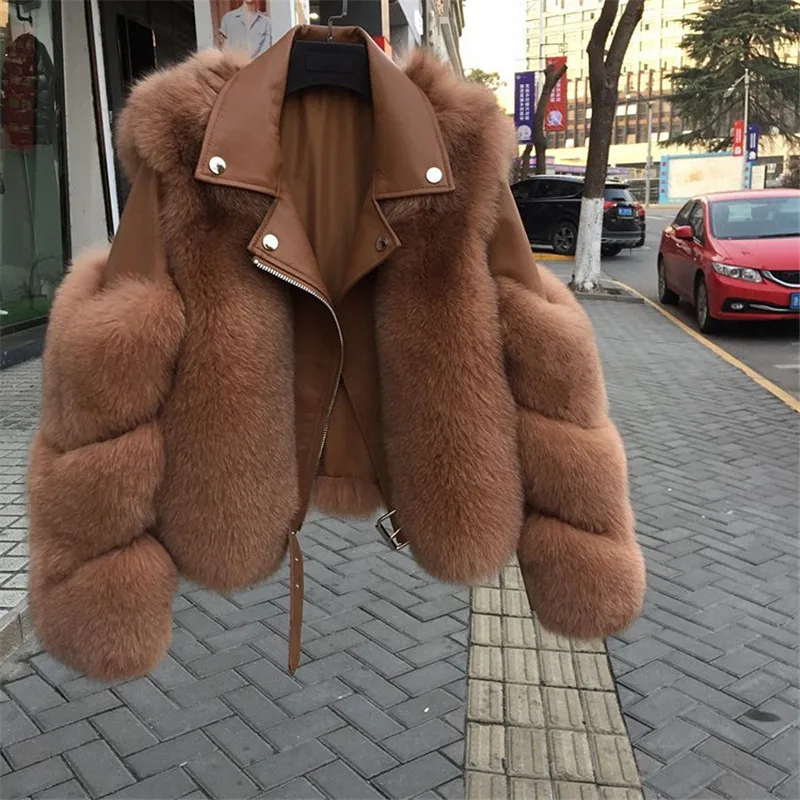 2022 Fashion Patchwork With Belt Winter Furry Women Real Sheep Leather Genuine Fox Fur Coat Short Jacket enlarge