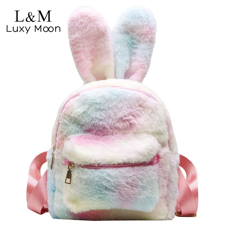 

Милый школьный ранец для девочек-подростков, зимний дорожный рюкзак на плечо, студенческий многоцветный плюшевый рюкзак с кроличьими ушкам...