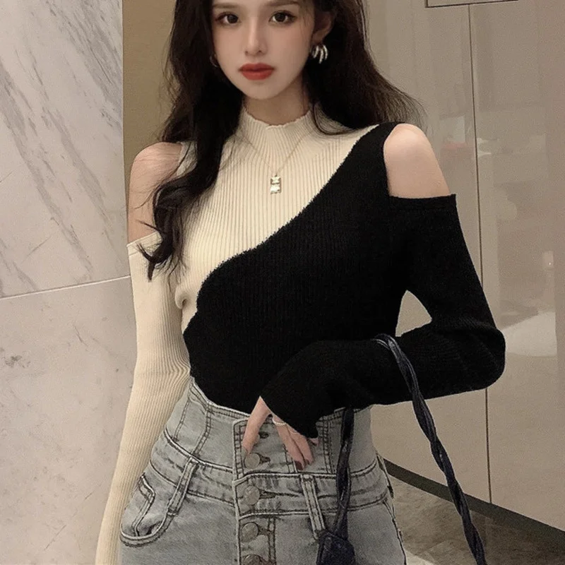 

Женский трикотажный свитер в стиле пэчворк, облегающий свитер с цветными вставками, круглым вырезом и длинным рукавом, пуловер, топы на осен...