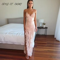 sexy lace applique evening dresses pink high split thin shoulder strap backless long prom party gown robe de soir%c3%a9e femme