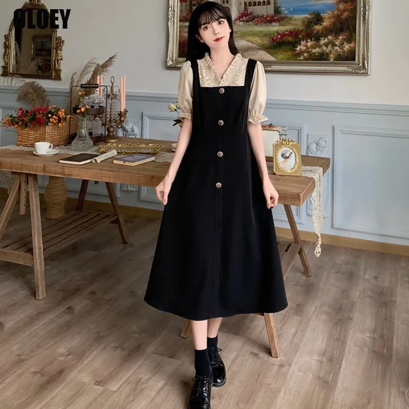 

Korean Summer 2021 Fat Girl Sweet Ruffled V-Neck French Puff Sleeve Fake Two-Piece Midi Dress Women Sling Splicing Office Dress