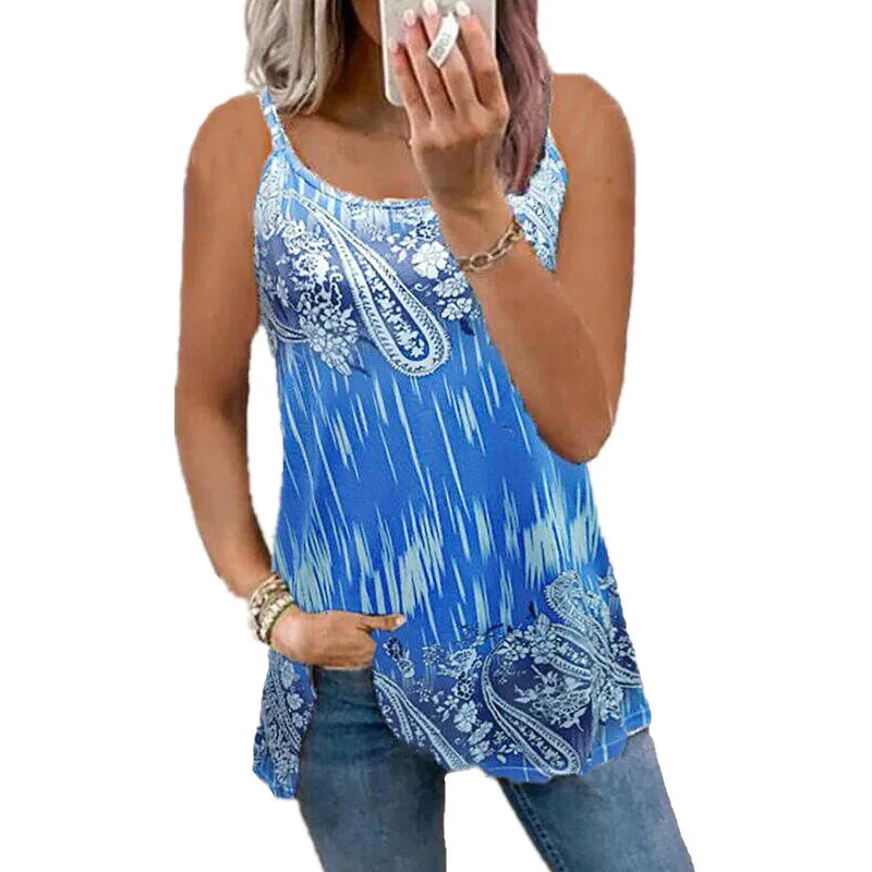 

Sexy Strap Beach Tops Oversized Summer Loose Ladies Blouse Casual Print Loose Shirt 2022 New Fashion Women Tank Shirts Pullovers