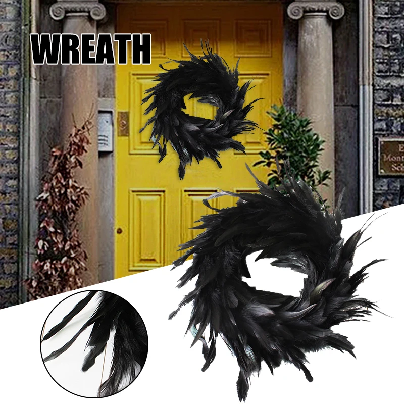 

Венок из черных перьев для украшения на Хэллоуин, подвесное украшение для входной двери, искусство для оформления семейных праздников, «сде...