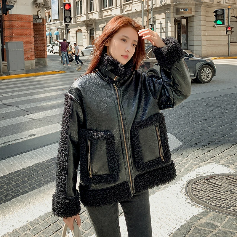 

Winter Clothes Women Motorcycle Splice PU Leather Faux Fur Coat Female Streetwear Hip Hop Punk Warm Black Jacket Outerwear 0673