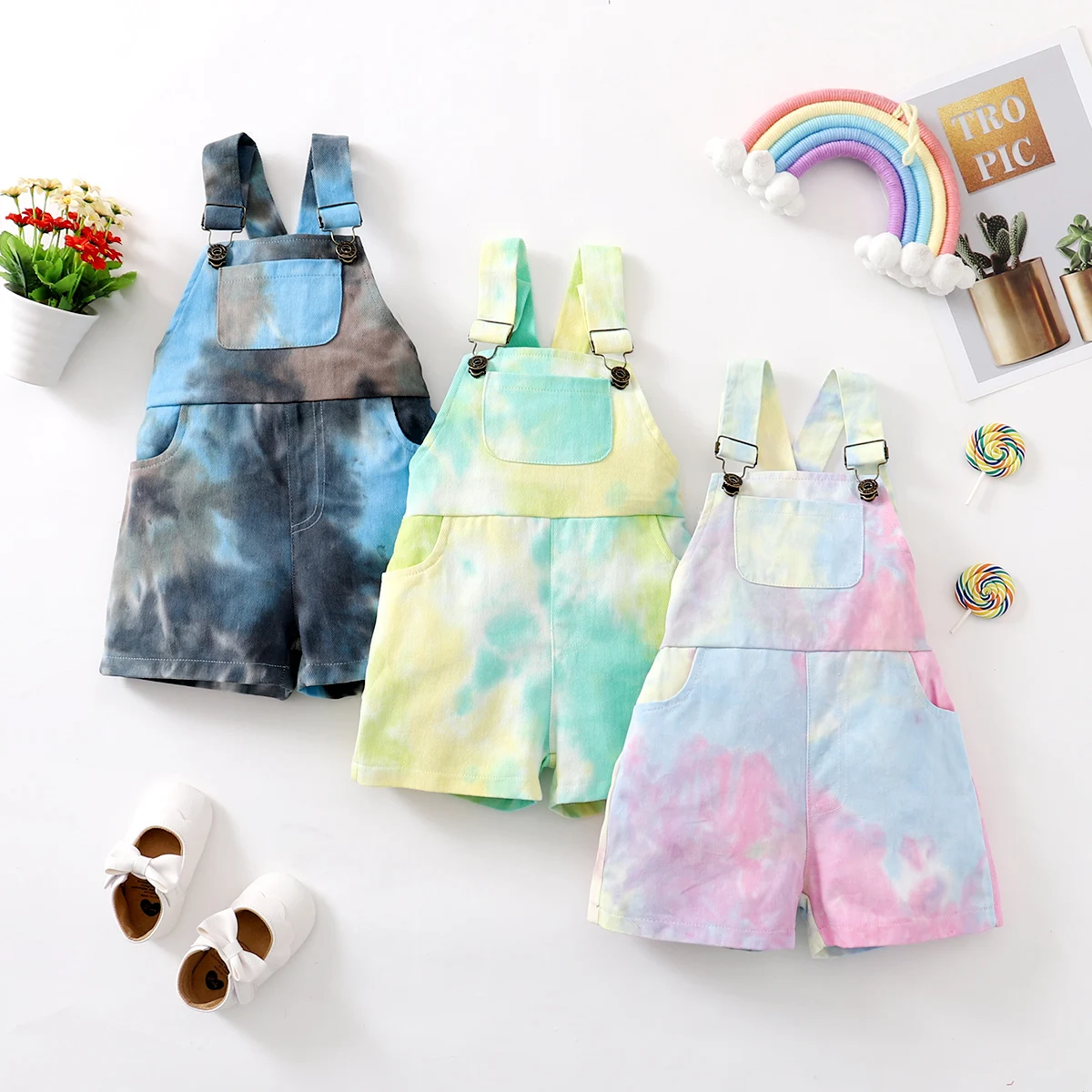 

2021-05-05 Lioraitiin 1-5Years Toddler Girl Tie-dye Denim Suspender Pants Sleeveless Square Collar Short Jumpsuit with Pockets