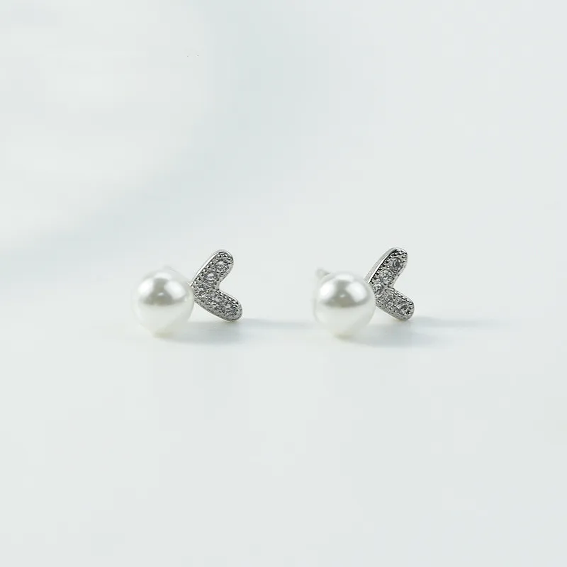 

925 Sterling Silver Round Pearl Heart Charm Piercing Stud Earring For Women Girls Party Jewelry Pendientes Accessories eh1223
