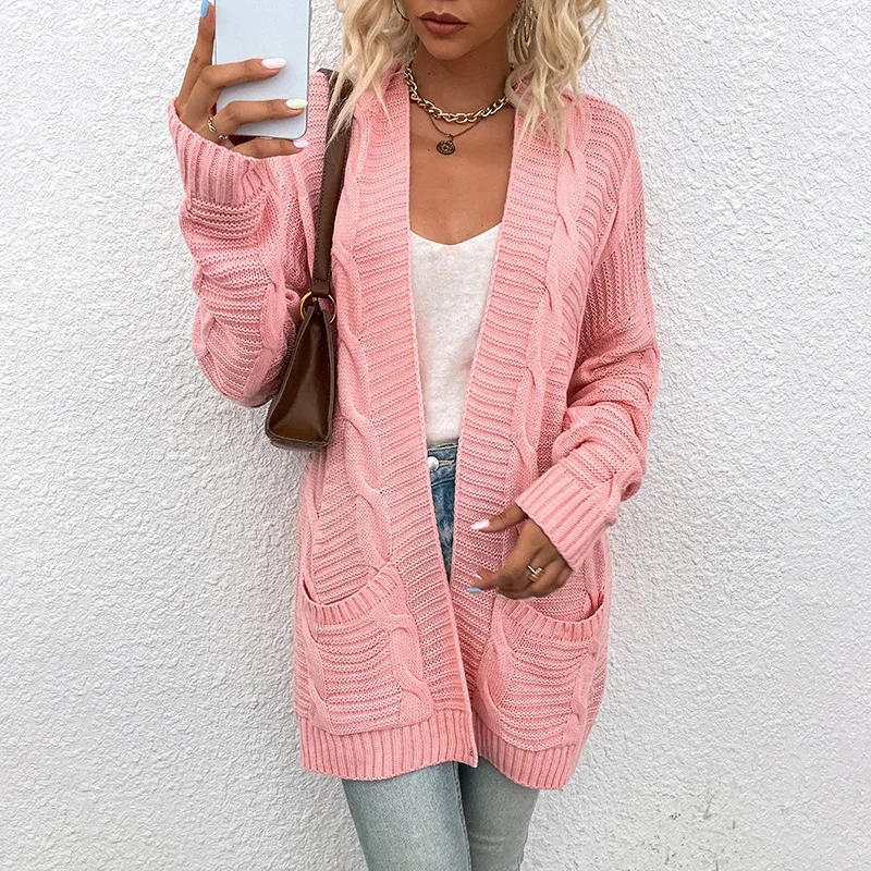 

Fashion Women Sweater Autumn Casual Hot Sale V-neck Cardigan Solid Color Twist Pocket Loose Plus Size Knitted Sweater