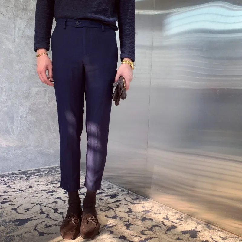 

England Style Slim Straight Pants Men Autumn Winter New Zipper Business Trousers OL Party Wedding Striped Casual Pants 29-36