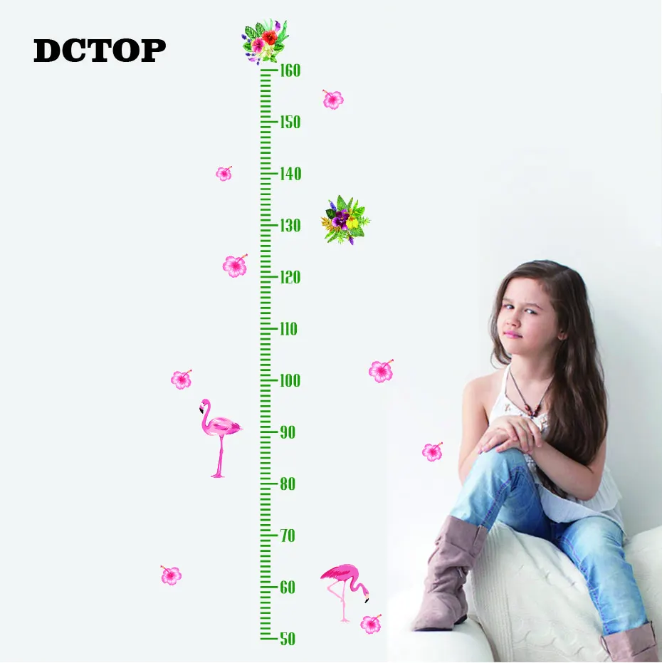 Красивый розовый цветок и фламинго высота мерки наклейки на стену для детской