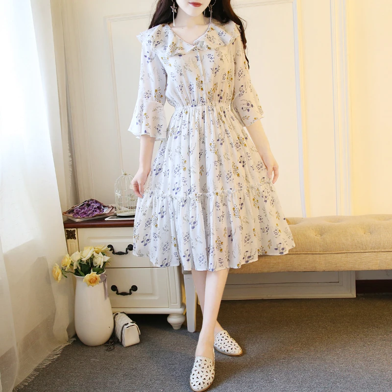 

New Women's Summer Dress Sweet Print Girl's Dress Loose Big Size Female Dress Spring Flare Sleeve Floral Women Dresses T24