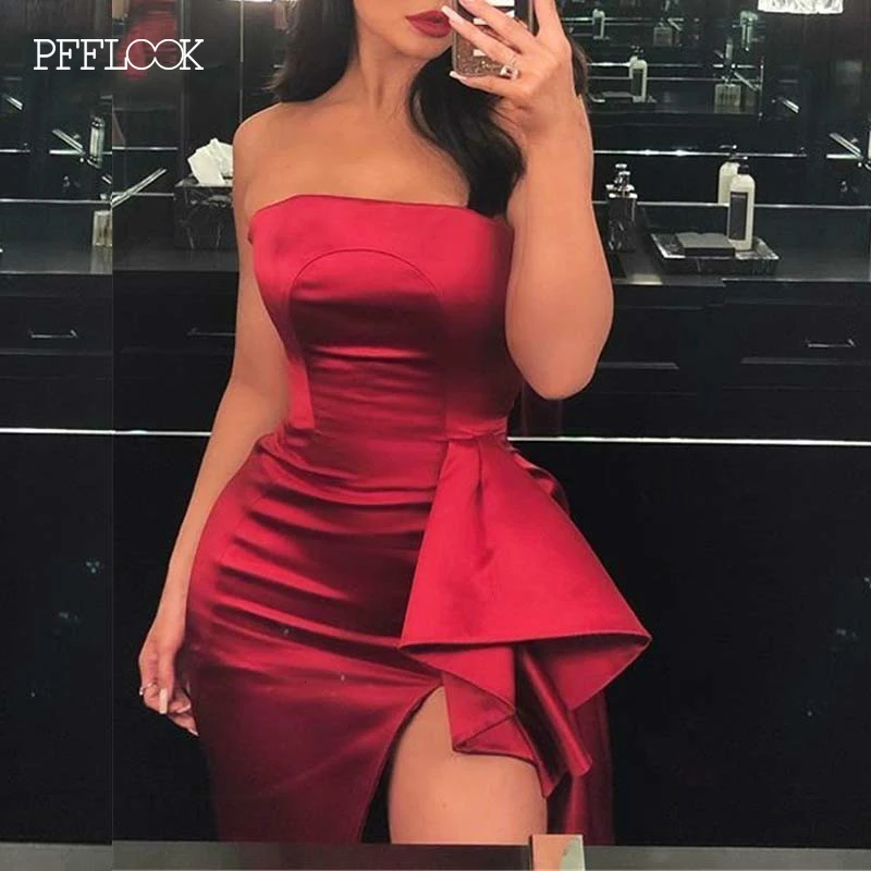 PFFLOOK летнее атласное сексуальное женское платье без бретелек Элегантное Вечернее Платье женское облегающее вечернее длинное платье макси с разрезом