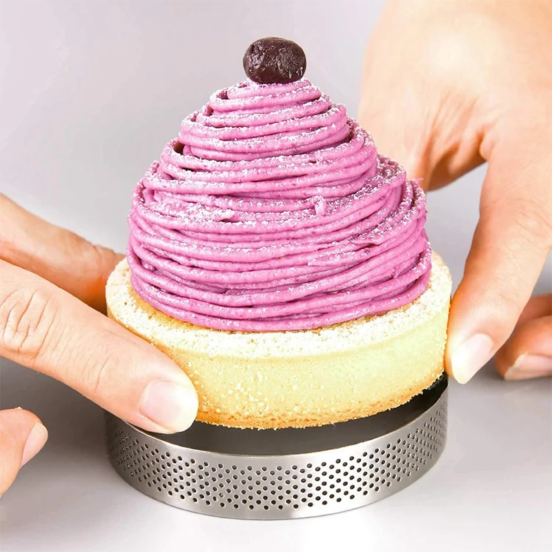 Anillo Circular de acero inoxidable para tarta, torre de Pie, molde para hornear pastel, herramientas perforadas, molde para pastel de Mousse, 8 Uds.-5